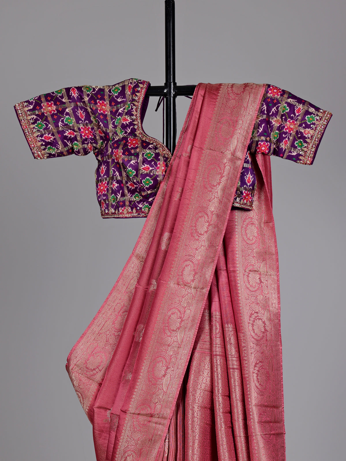 Dark peach tissue-silk saree with readymade blouse