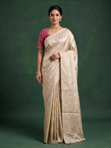 Beige metallic tissue-silk saree with readymade blouse