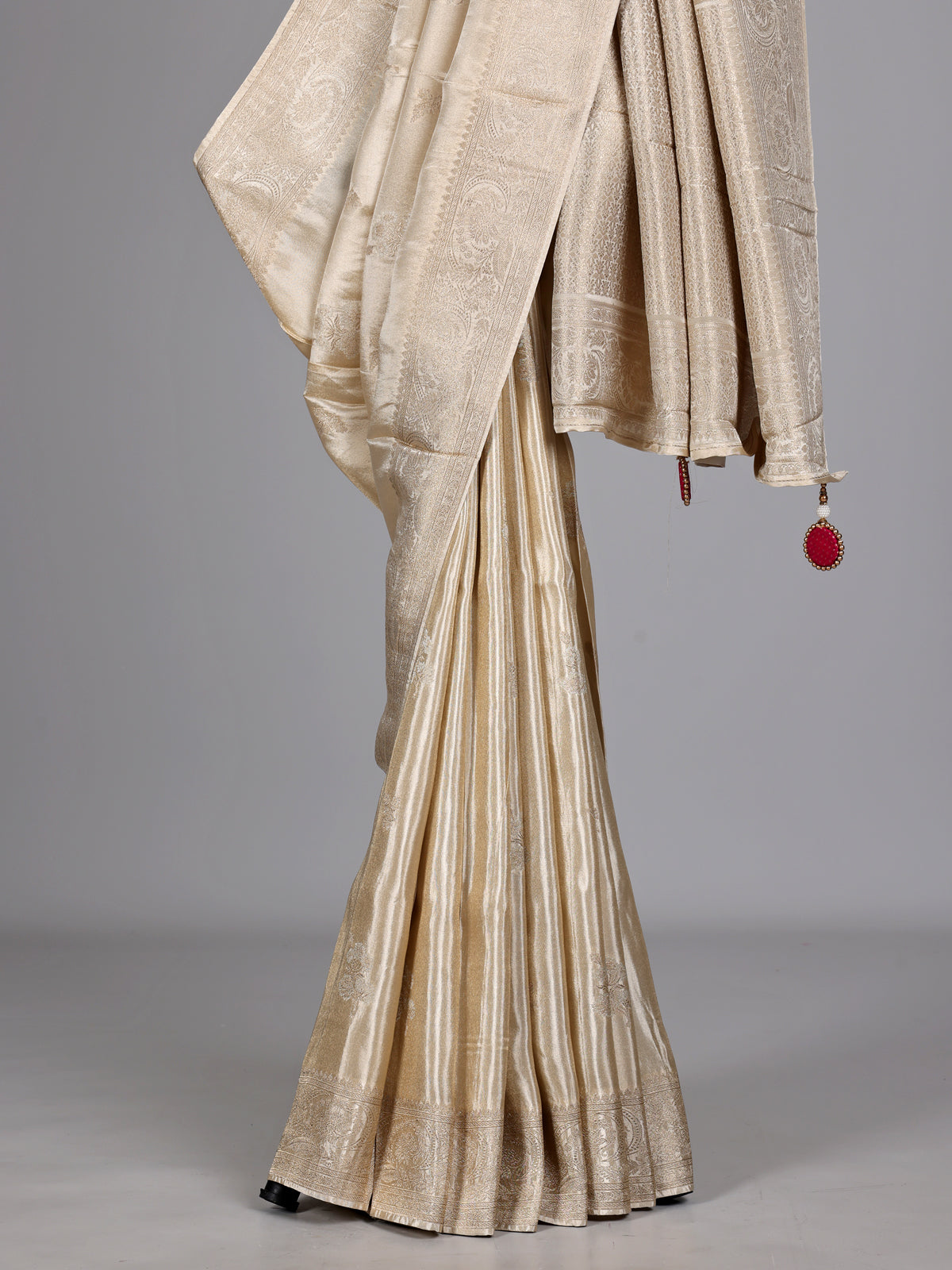 Beige metallic tissue-silk saree with readymade blouse