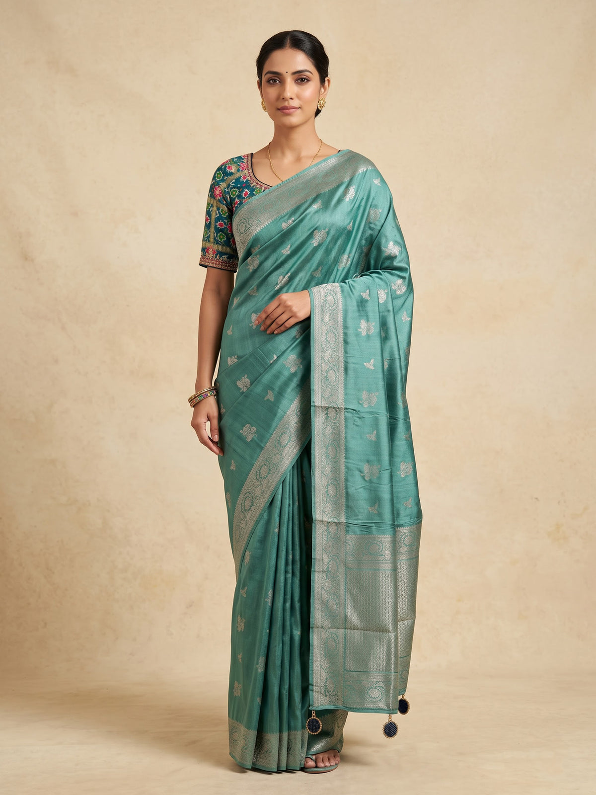 Rama green metallic tissue-silk saree with readymade blouse