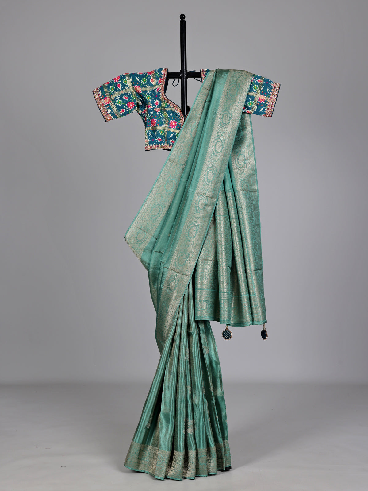 Rama green metallic tissue-silk saree with readymade blouse
