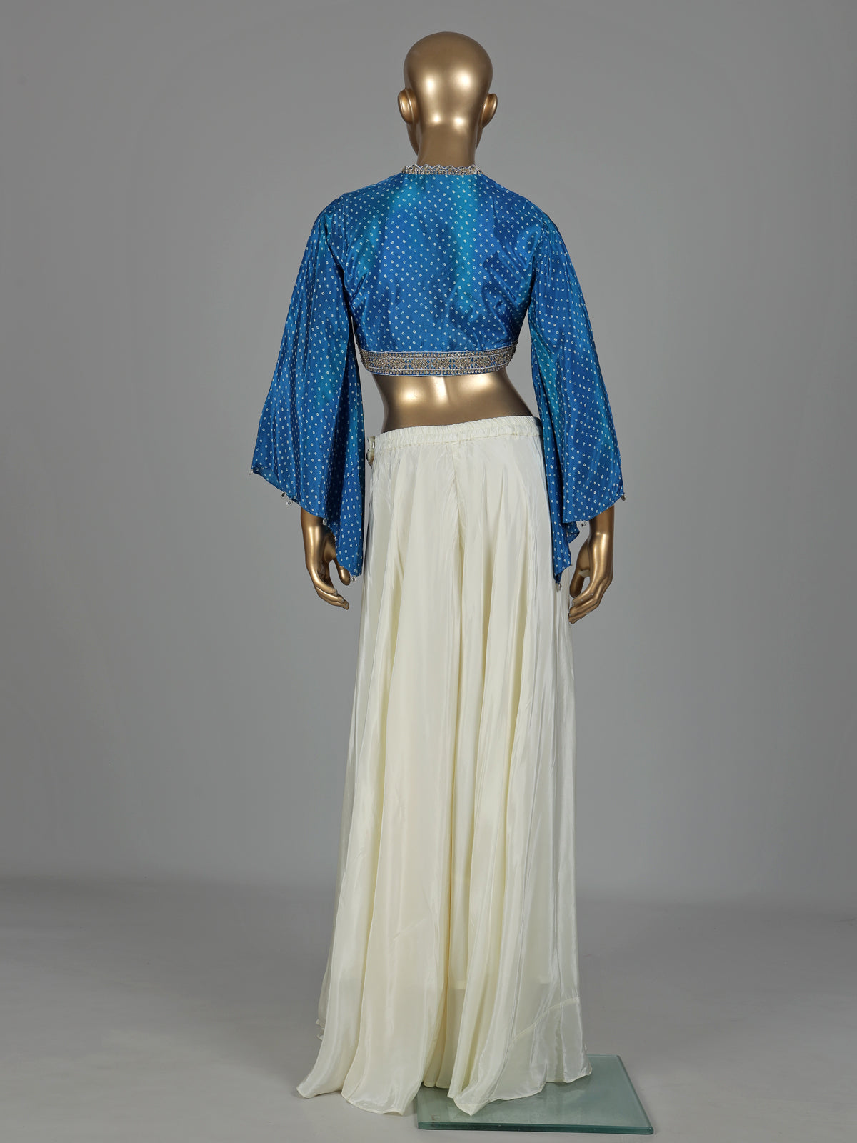 Blue printed crepe silk palazzo suit with cutdana detailing