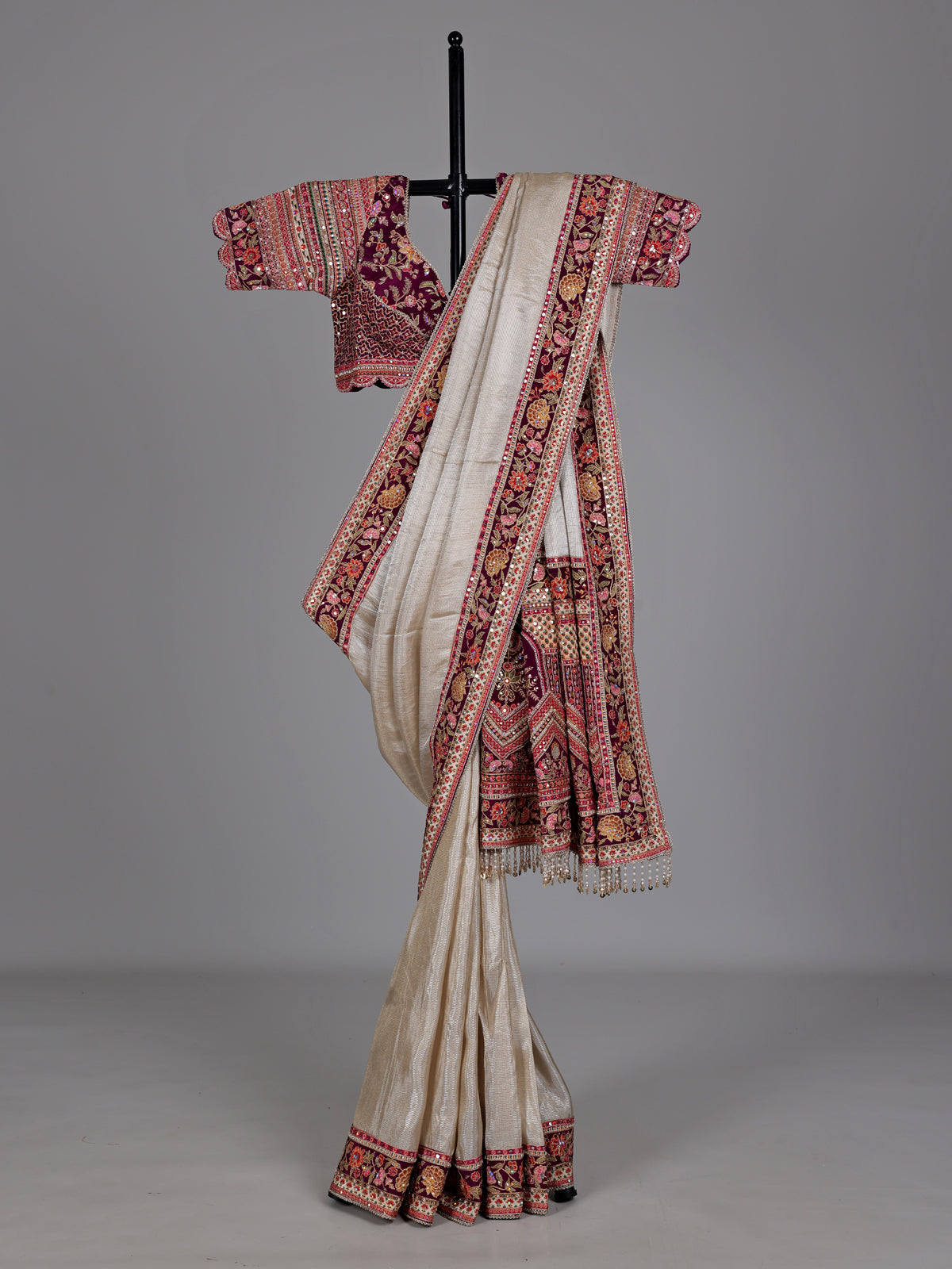 Champagne cream jharokha tissue-silk saree with readymade blouse