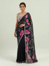 Jet black printed crepe saree with readymade blouse