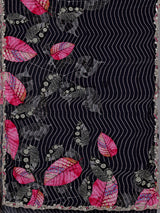 Jet black printed crepe saree with readymade blouse