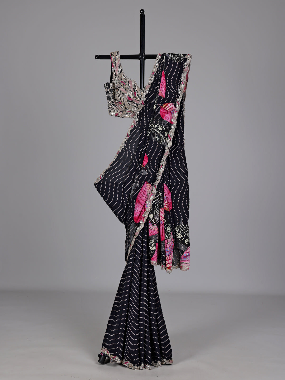 Jet black printed crepe saree with readymade blouse