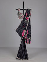 Jet black printed crepe saree with readymade blouse