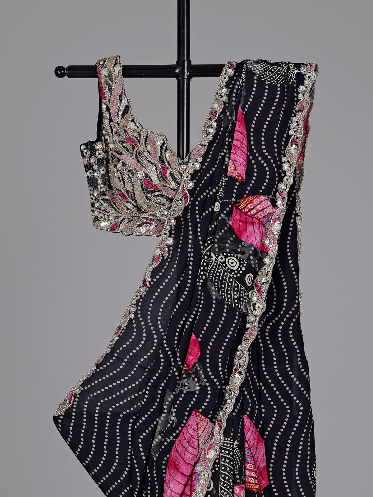 Jet black printed crepe saree with readymade blouse