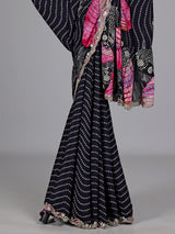 Jet black printed crepe saree with readymade blouse