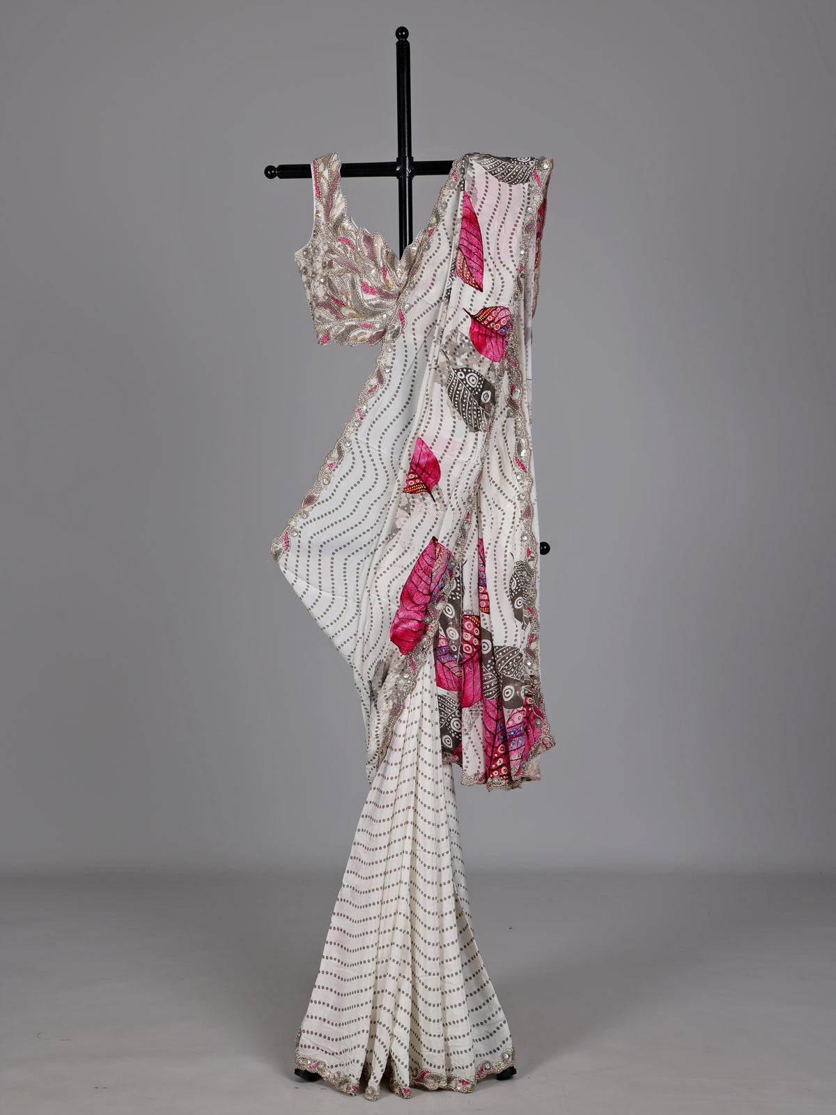 Off-white printed crepe saree with readymade blouse