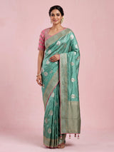 Rama green zari tissue-silk saree with readymade blouse