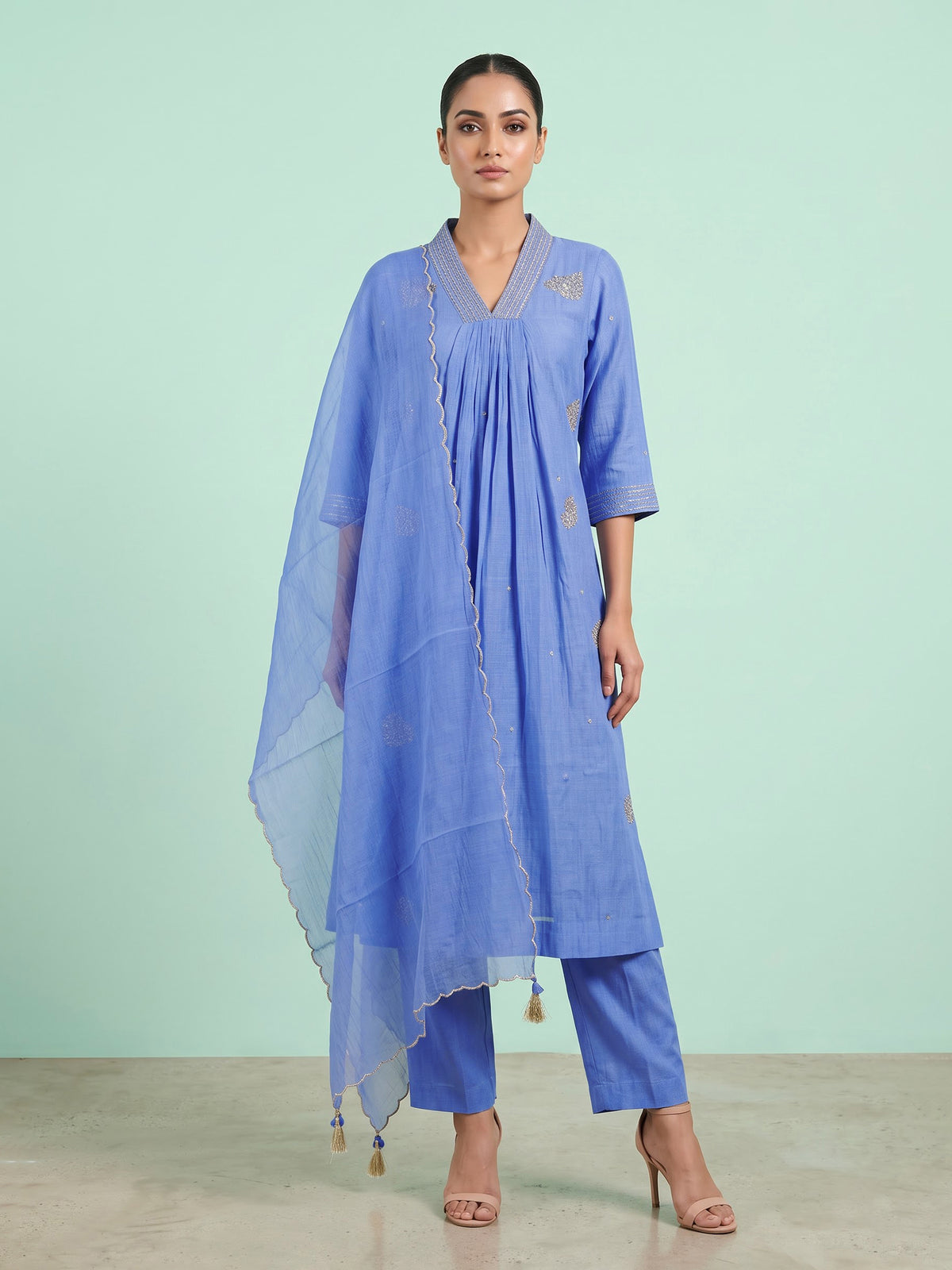 Sky blue embellished kurti set