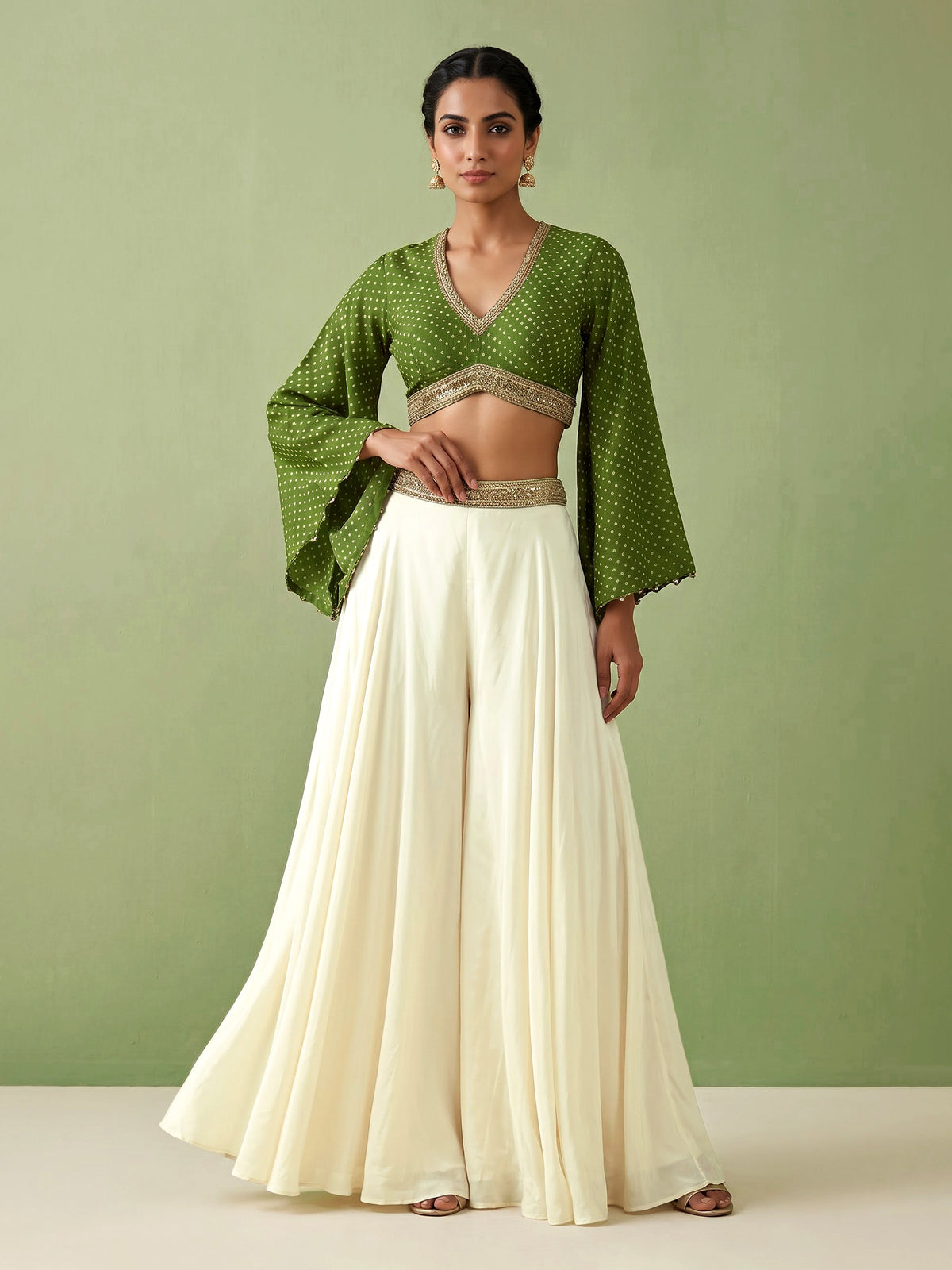 Green printed crepe silk palazzo suit with sequined detailing