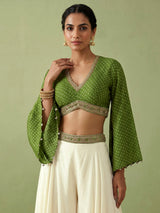 Green printed crepe silk palazzo suit with sequined detailing