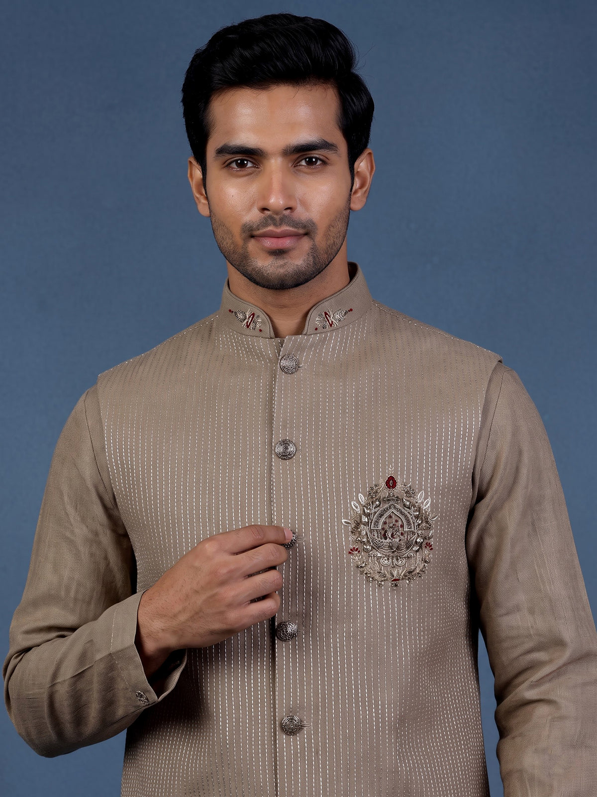 Light khaki zardosi waistcoat set with royal crest for mens
