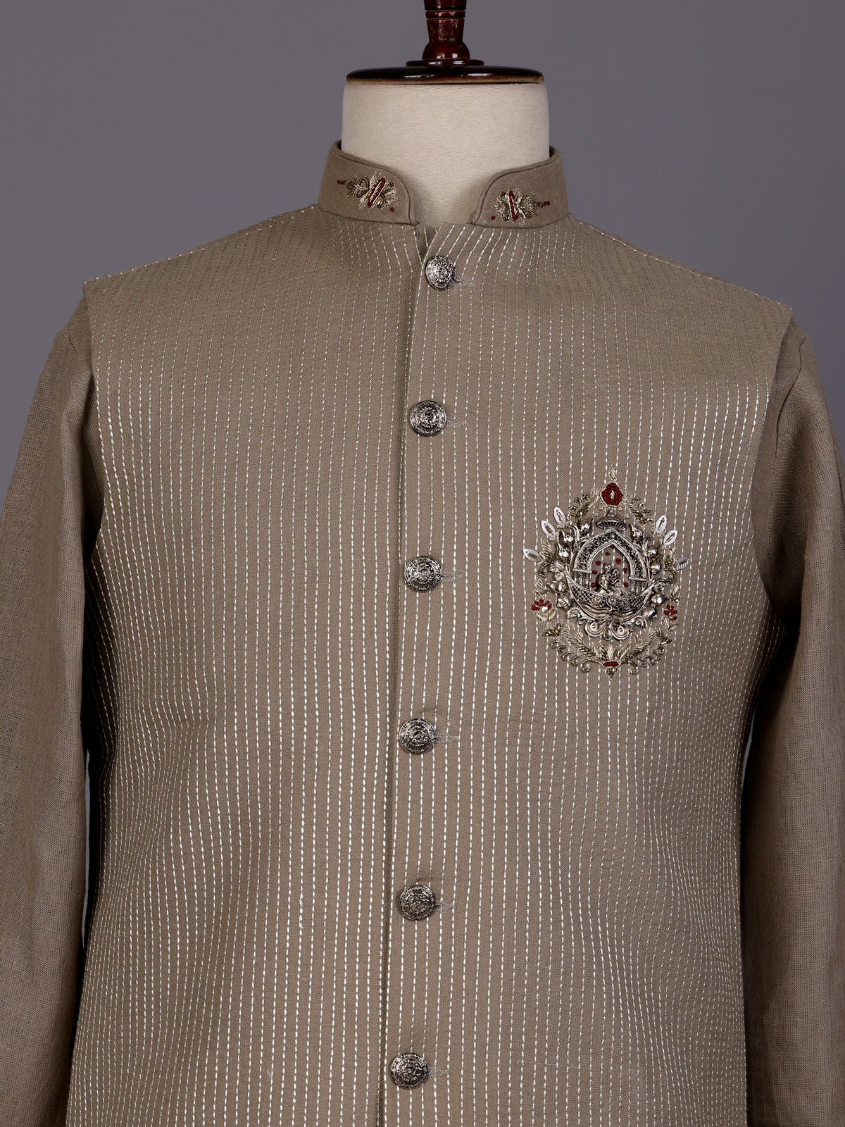 Light khaki zardosi waistcoat set with royal crest for mens