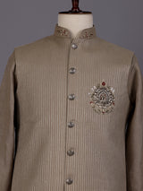 Light khaki zardosi waistcoat set with royal crest for mens