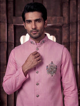 Pink zardosi embellished waistcoat set with royal crest for mens