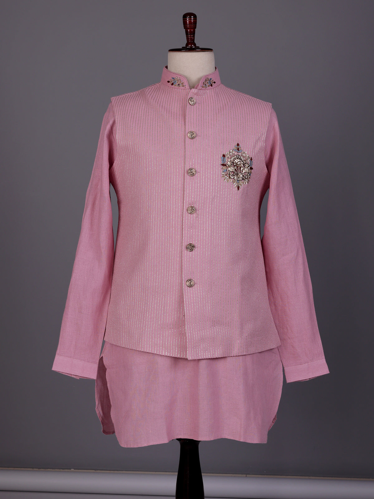 Pink zardosi embellished waistcoat set with royal crest for mens