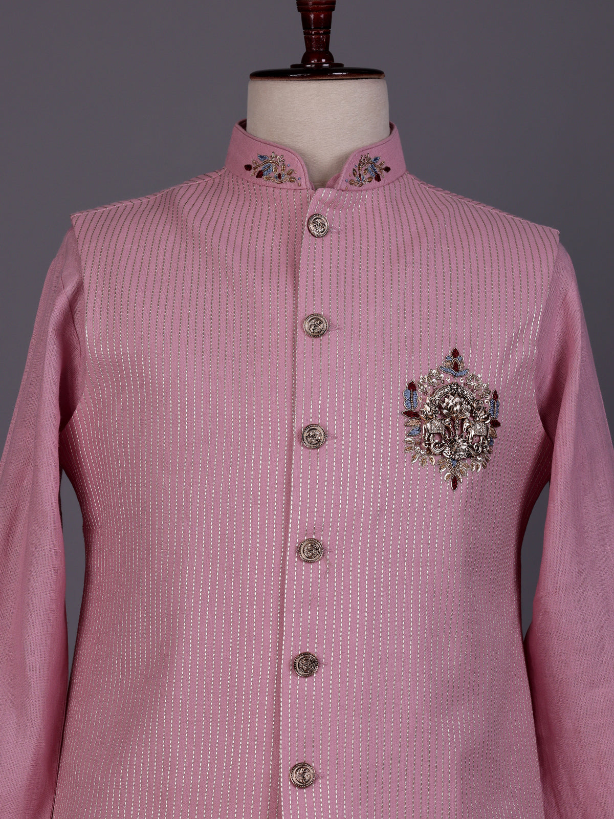Pink zardosi embellished waistcoat set with royal crest for mens