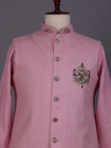Pink zardosi embellished waistcoat set with royal crest for mens