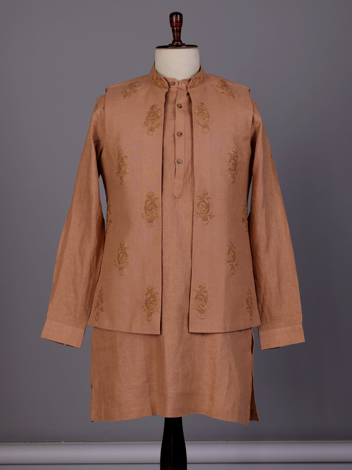 Deep peach floral thread waistcoat set for mens