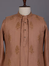 Deep peach floral thread waistcoat set for mens