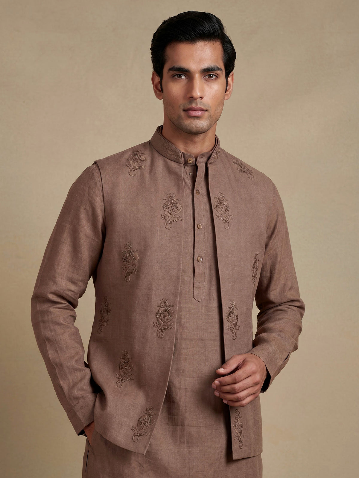 Brown floral thread waistcoat set for mens weddings