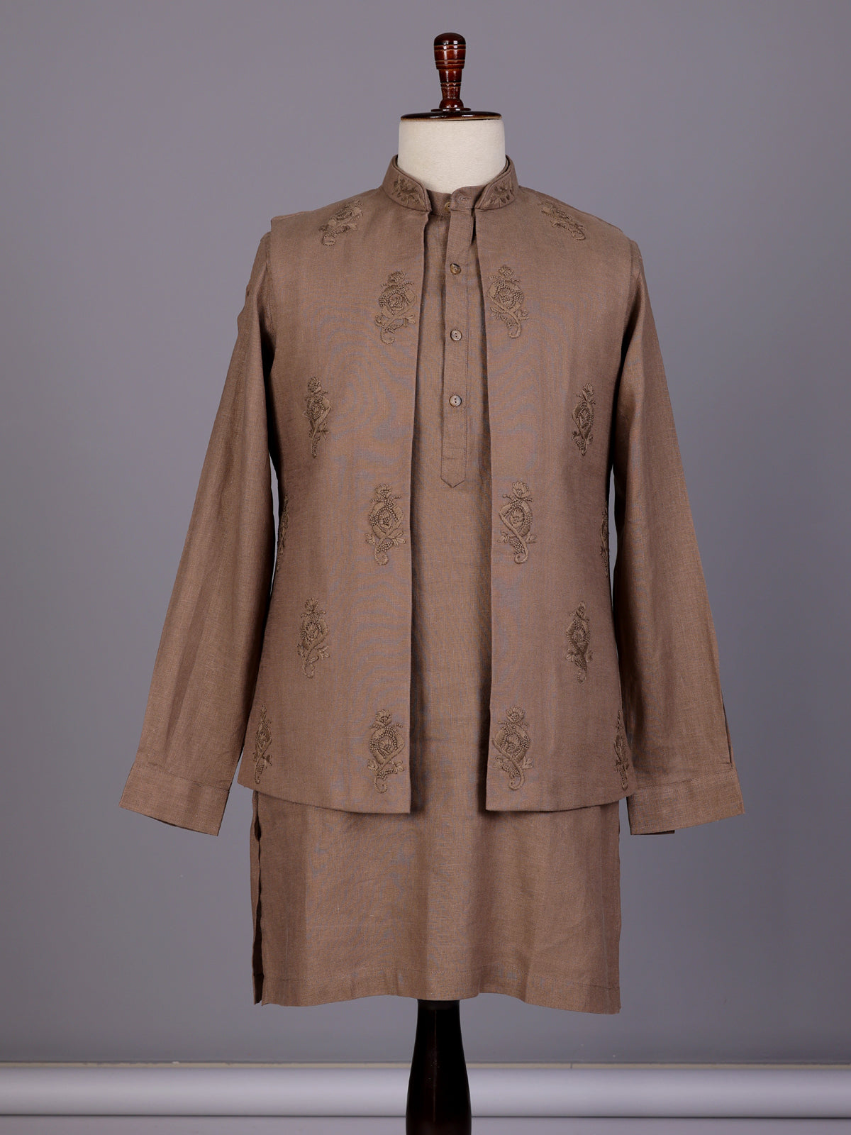 Brown floral thread waistcoat set for mens weddings