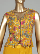 Yellow printed crepe silk palazzo suit with embellished dupatta