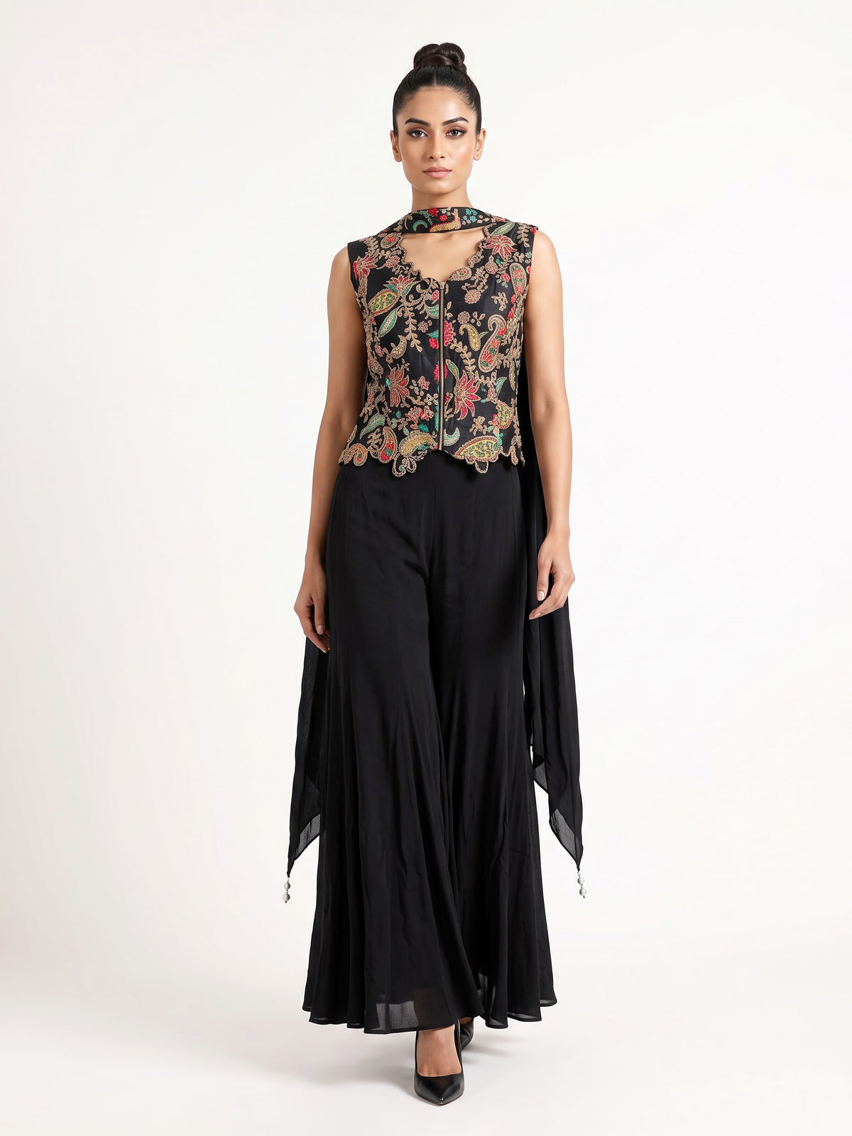 Black printed crepe silk palazzo suit with beadwork and dupatta
