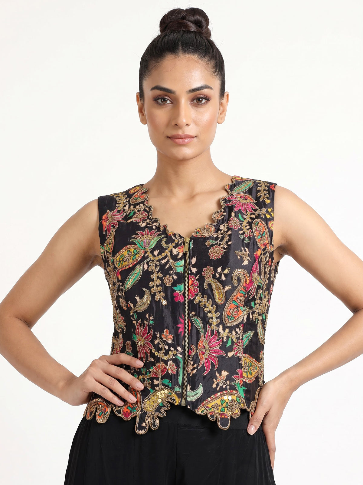 Black printed crepe silk palazzo suit with beadwork and dupatta