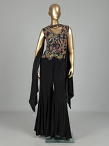 Black printed crepe silk palazzo suit with beadwork and dupatta