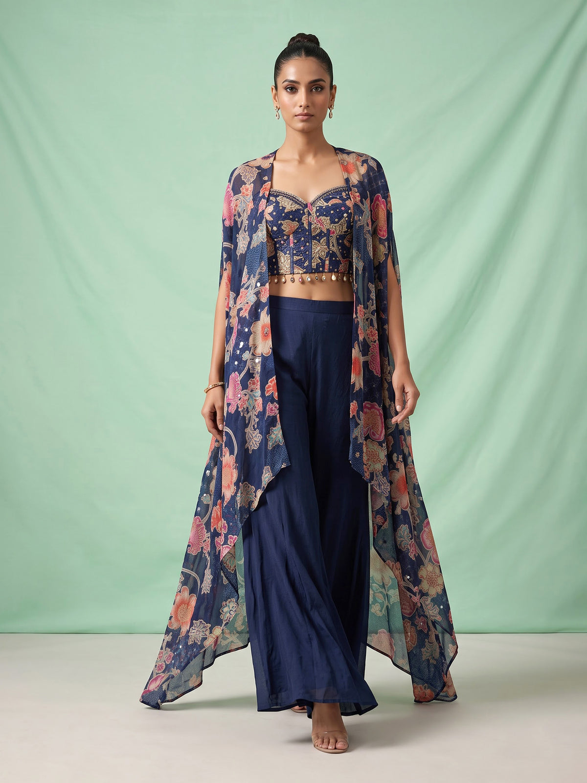 Navy printed crepe silk palazzo suit with aabla embellished shrug