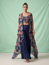 Navy printed crepe silk palazzo suit with aabla embellished shrug