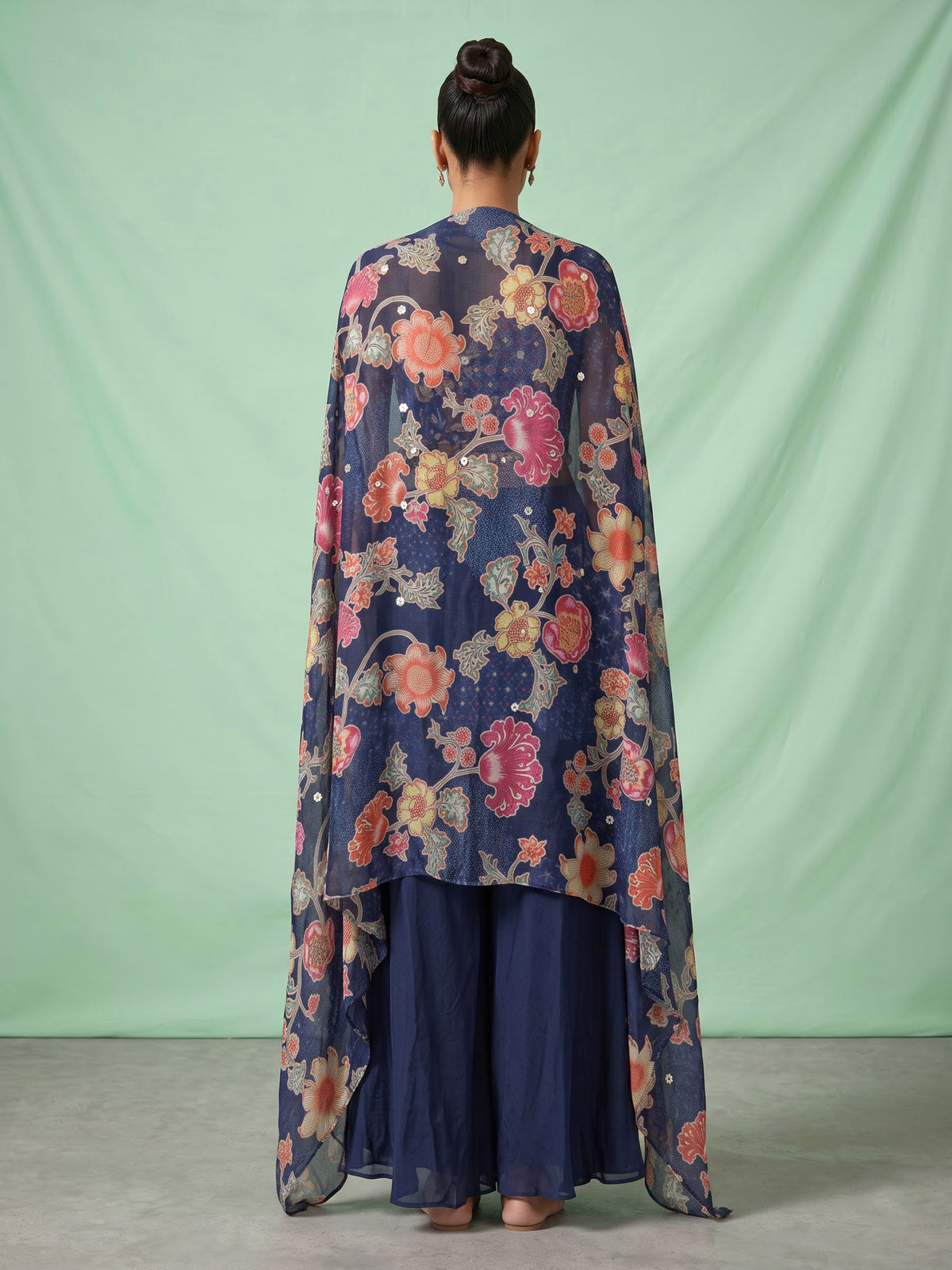 Navy printed crepe silk palazzo suit with aabla embellished shrug