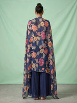Navy printed crepe silk palazzo suit with aabla embellished shrug