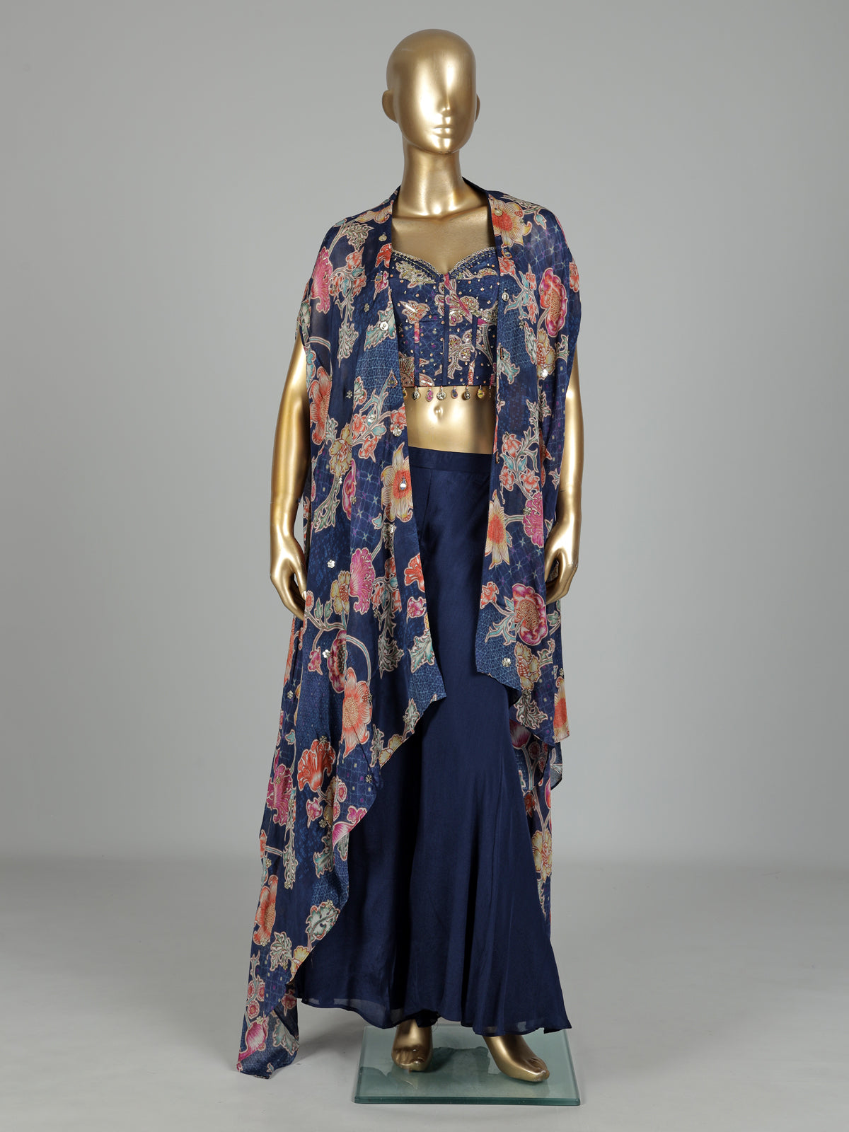 Navy printed crepe silk palazzo suit with aabla embellished shrug