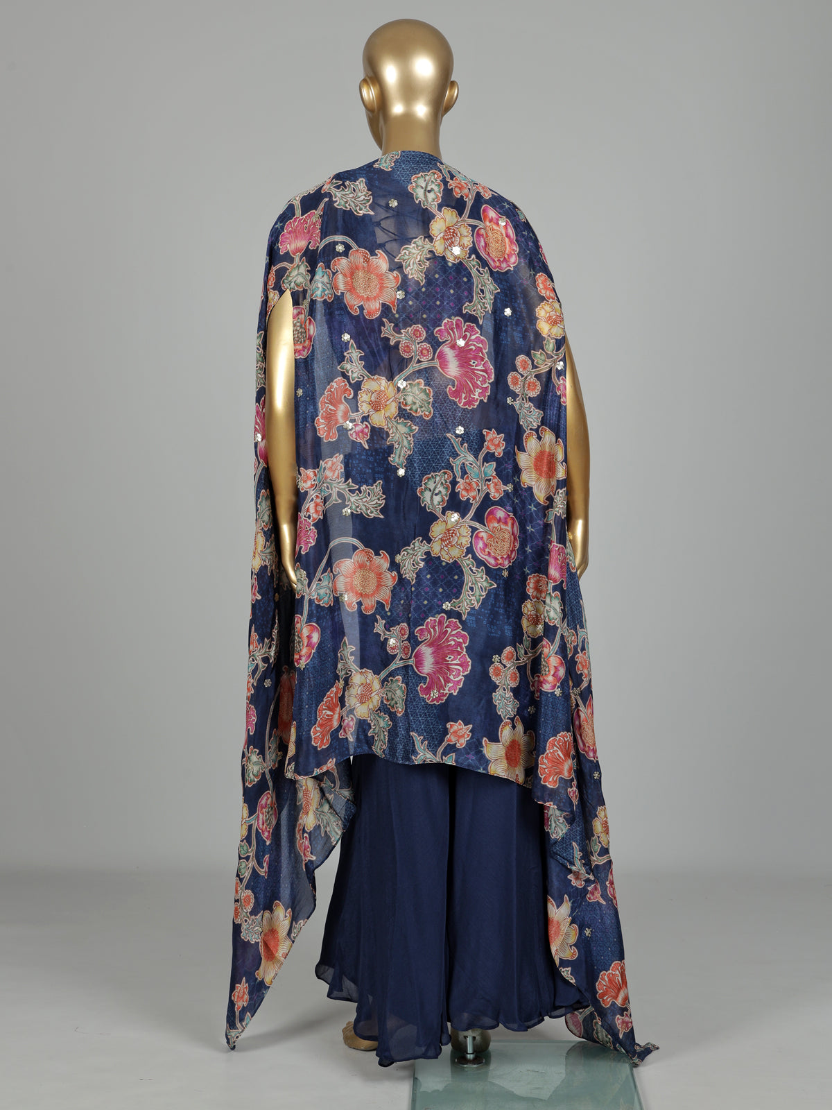 Navy printed crepe silk palazzo suit with aabla embellished shrug