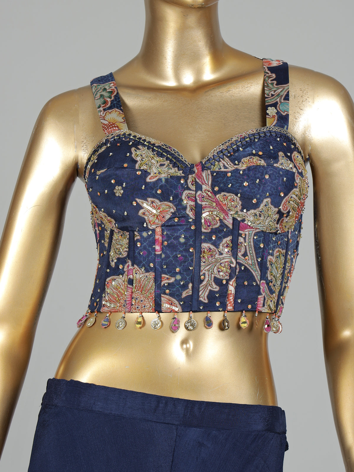 Navy printed crepe silk palazzo suit with aabla embellished shrug