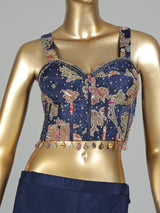 Navy printed crepe silk palazzo suit with aabla embellished shrug
