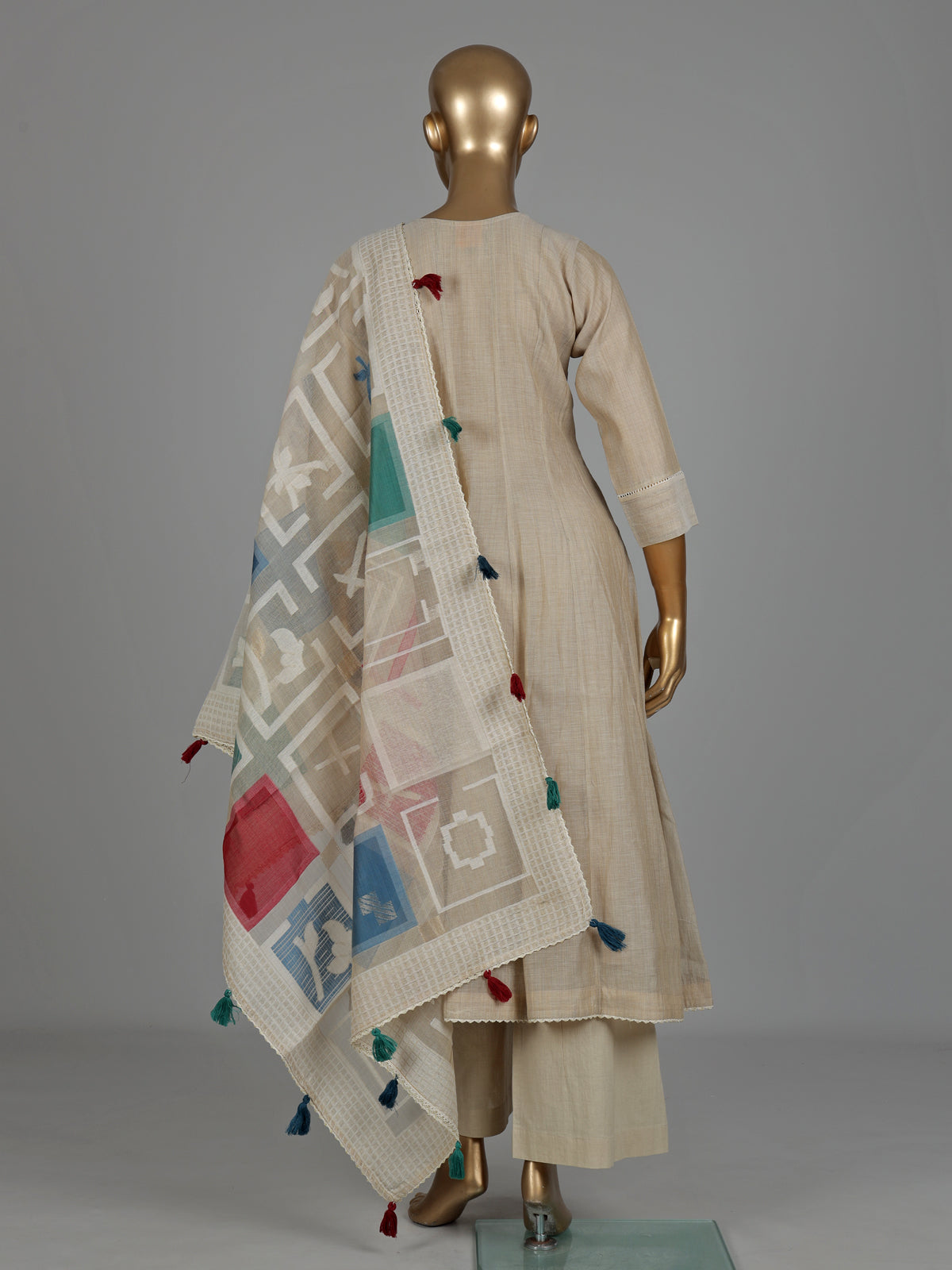 Beige printed tusser silk Anarkali palazzo suit with dupatta