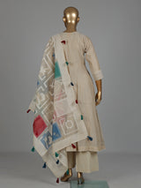 Beige printed tusser silk Anarkali palazzo suit with dupatta