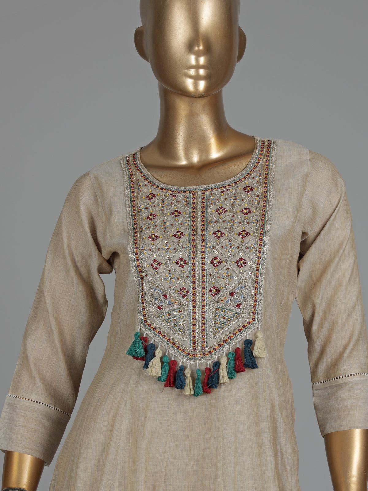 Beige printed tusser silk Anarkali palazzo suit with dupatta