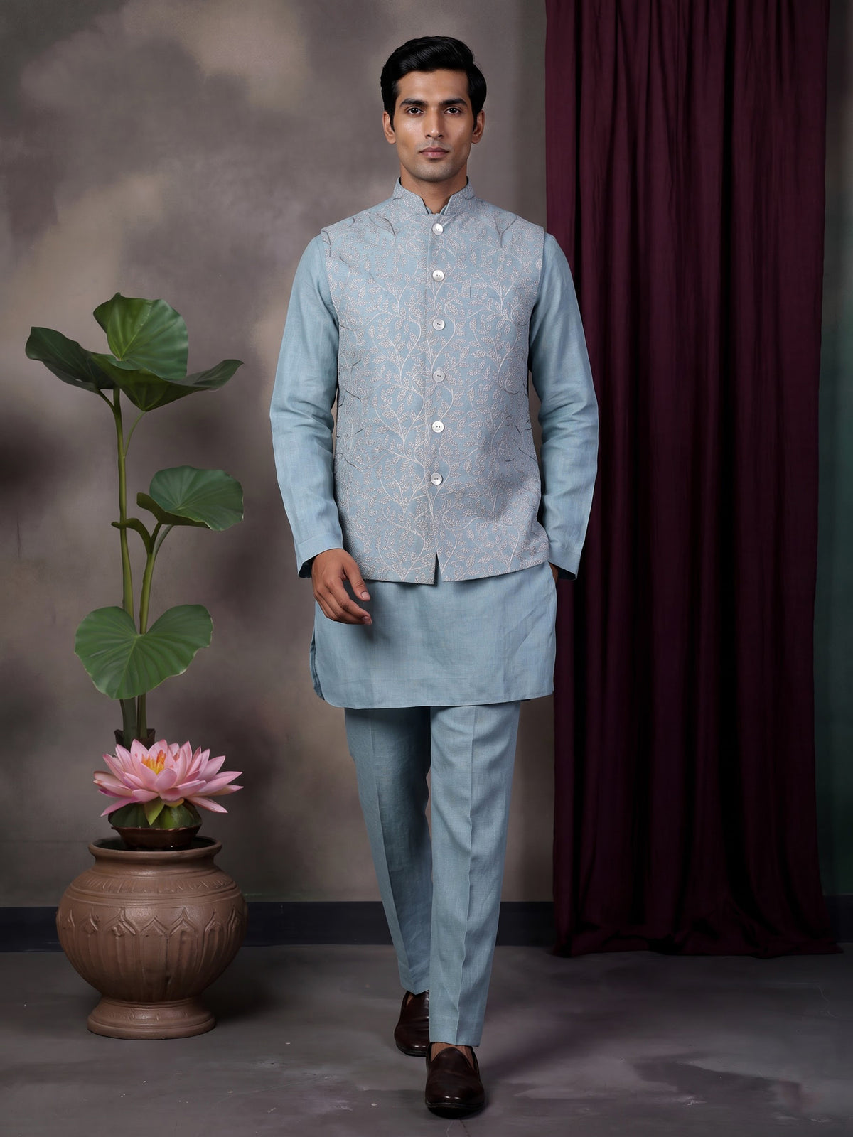 Sky blue floral jaal embroidered waistcoat set for mens