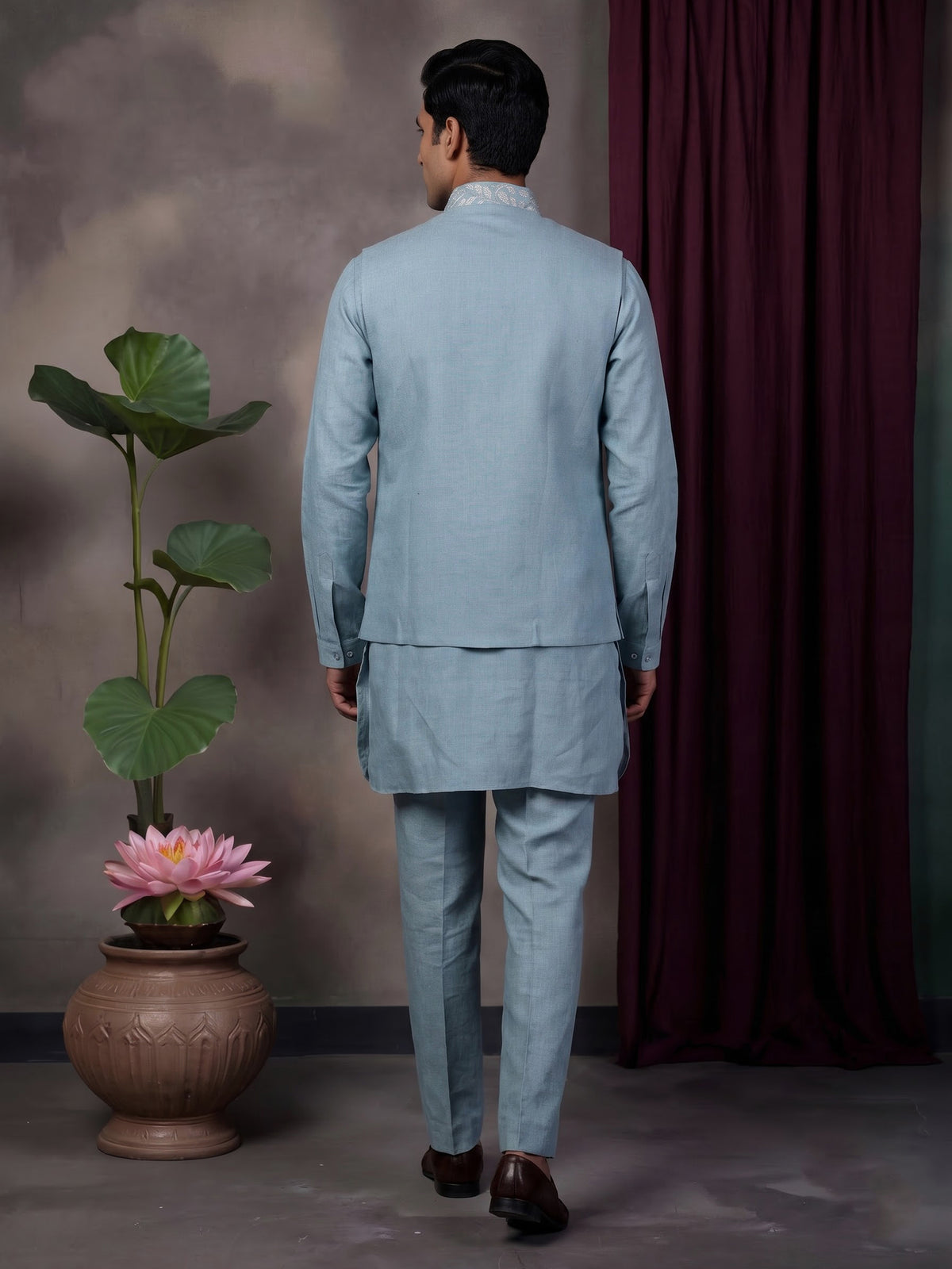 Sky blue floral jaal embroidered waistcoat set for mens