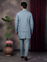 Sky blue floral jaal embroidered waistcoat set for mens