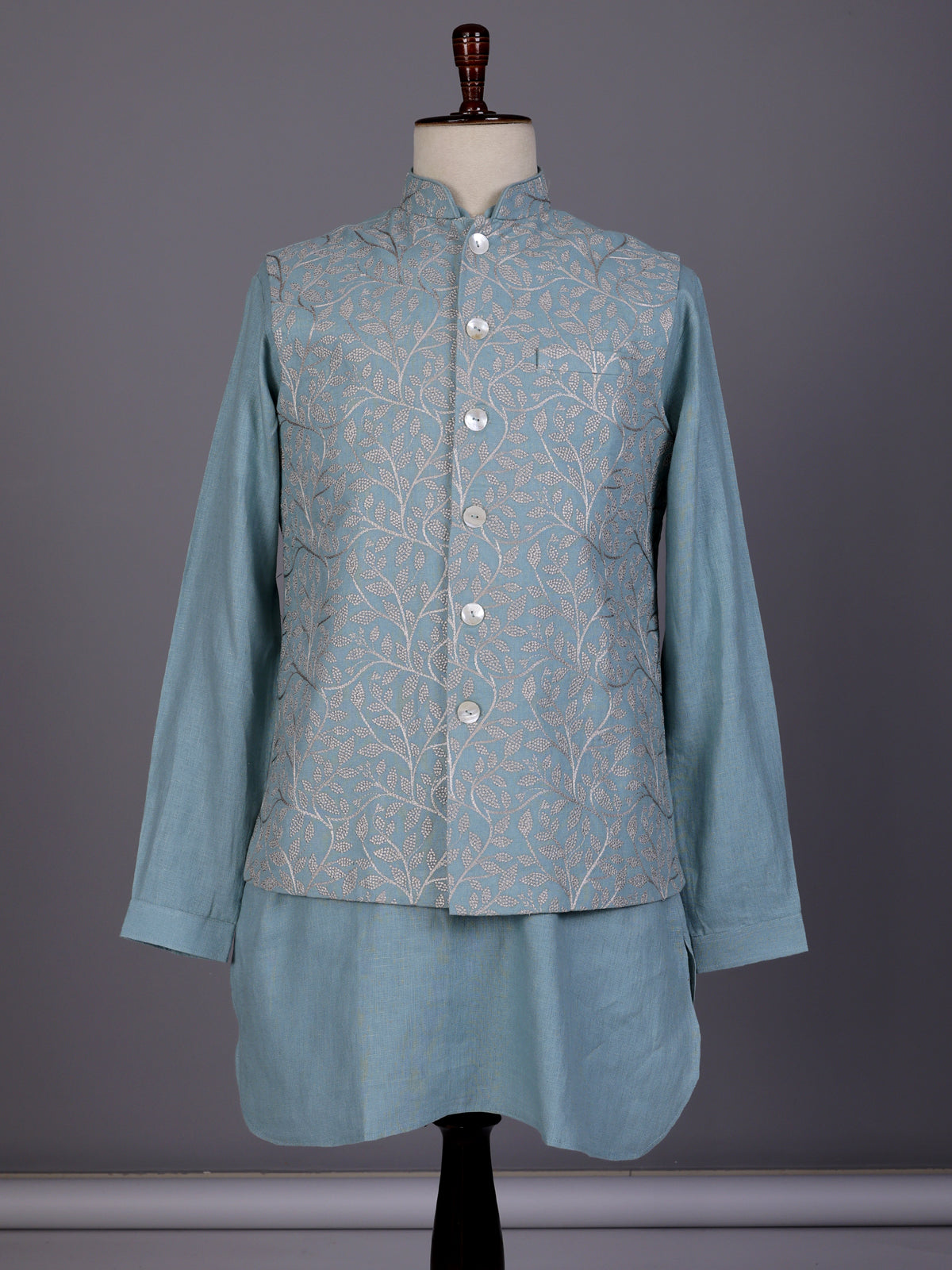 Sky blue floral jaal embroidered waistcoat set for mens