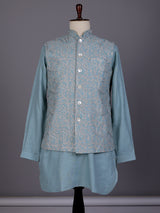 Sky blue floral jaal embroidered waistcoat set for mens