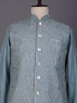 Sky blue floral jaal embroidered waistcoat set for mens